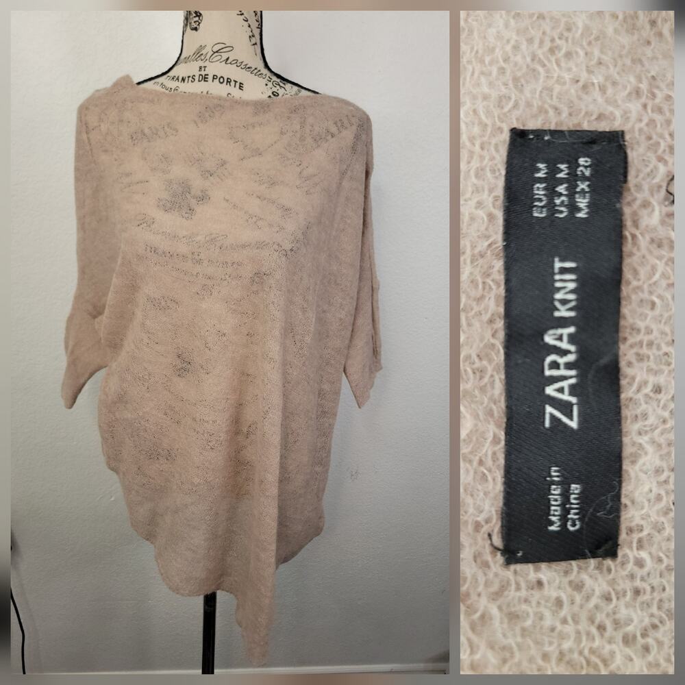 Zara Poncho Top Sz M Angora Alpaca Semi Sheer Asymmetrical Lightweight Tan